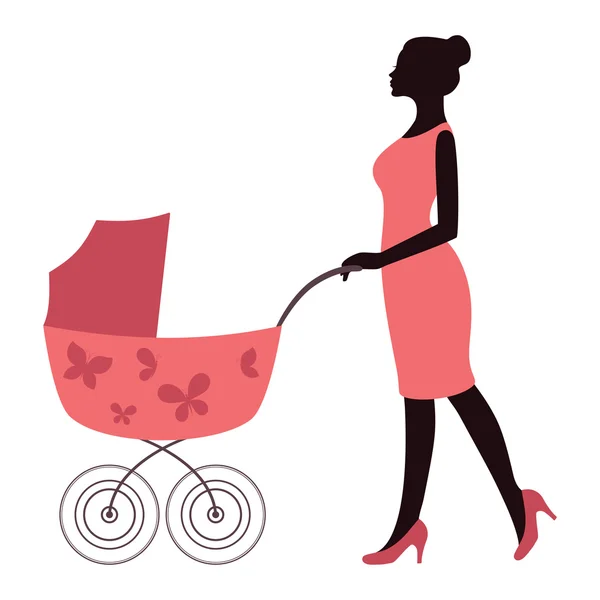 优雅的母亲在与孤立的婴儿车散步的粉红色裙子 — 图库矢量图片