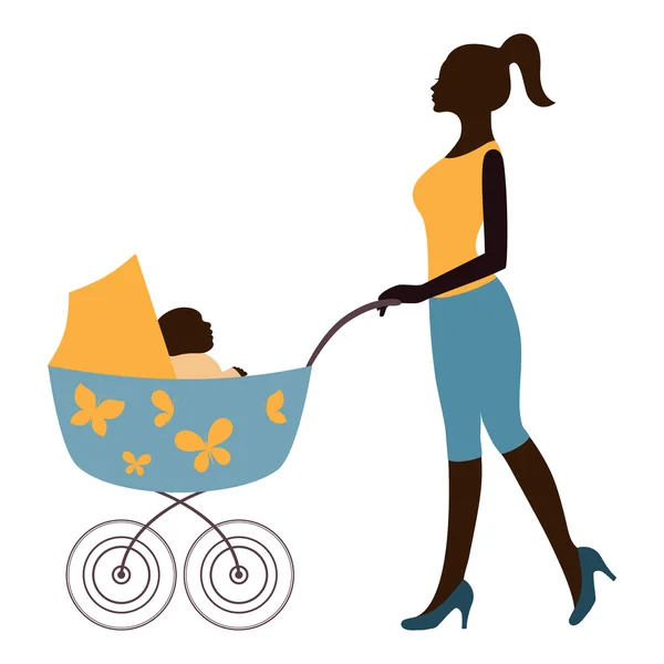 Silhouette de la mère marchant avec bébé en poussette — Image vectorielle