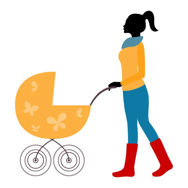 Silhouette einer Mutter, die bei kaltem Wetter mit Kinderwagen läuft — Stockvektor