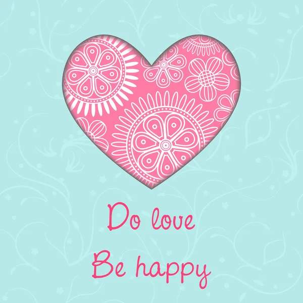 Amar, ser feliz. Bonita tarjeta con corazón rosa sobre fondo azul claro . — Vector de stock