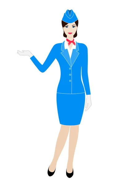 Ilustración de una joven azafata vestida con uniforme azul — Vector de stock
