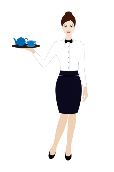 Camarera en falda azul oscuro con taza de té y tetera aislada — Vector de stock