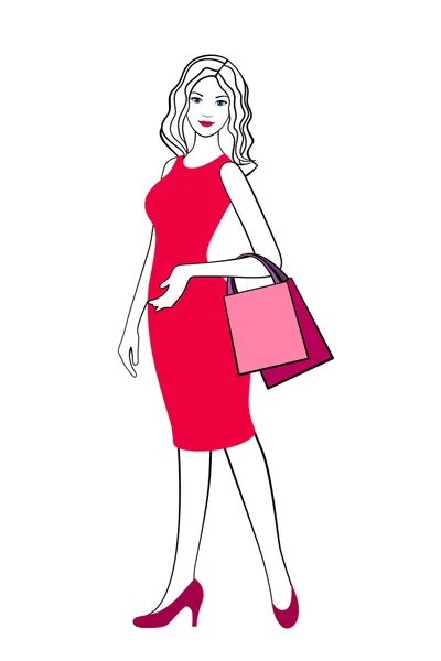 Illustrazione schizzo di ragazza con shopping bags — Vettoriale Stock