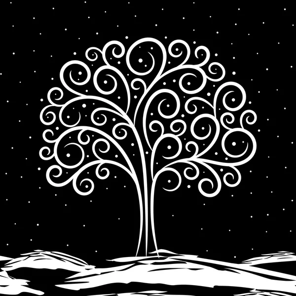 Illustration auf Baum im Winter auf schwarzem Hintergrund — Stockvektor