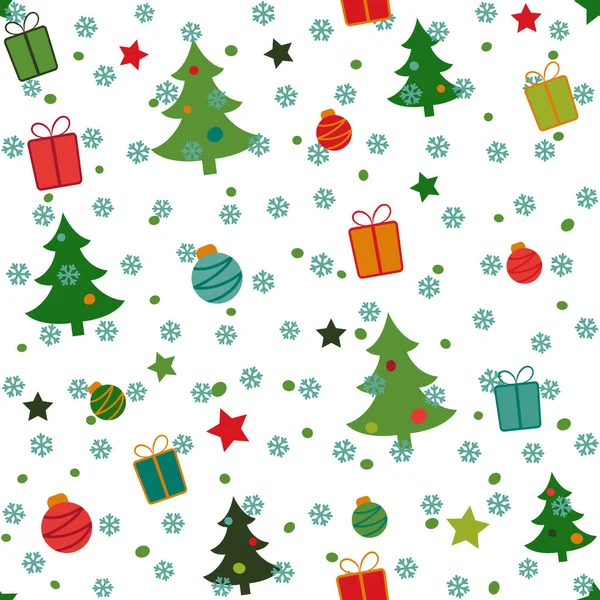 Patrón Navidad Sin Costuras Con Árboles Verdes Bolas Regalos Nieve — Vector de stock