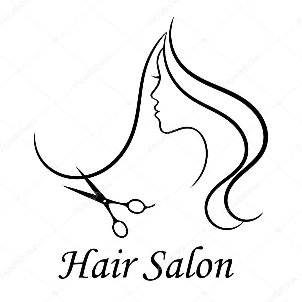 Contour logo for beauty salon. Woman profile, long hair and scissors. Vector illustration.