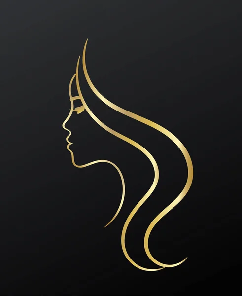 美しい女性の顔のプロフィールの輪郭線のスケッチ 黒の背景に黄金 — ストックベクタ