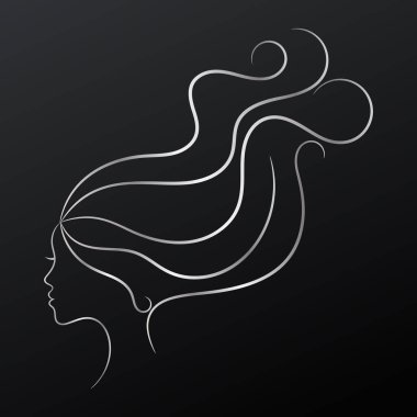 Contour spa and hair sketch with silver female profile on black background, vector