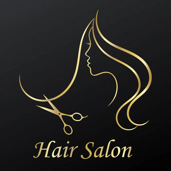 Female face profile sketch with scissors, golden on black background, vector