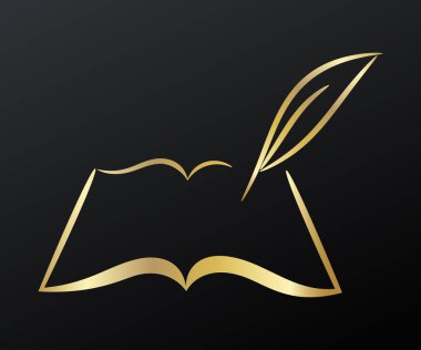 Contour symbol of writer book, golden on black background, vector