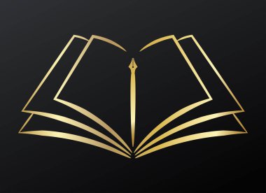 Contour symbol of opened book and pen, golden on black background, vector