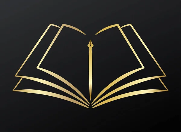 Contour symbol of opened book and pen, golden on black background, vector