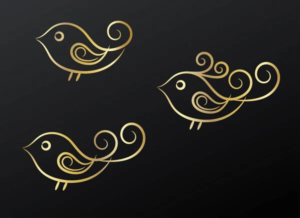 Golden Birds Set Black Background Vector — Stockový vektor