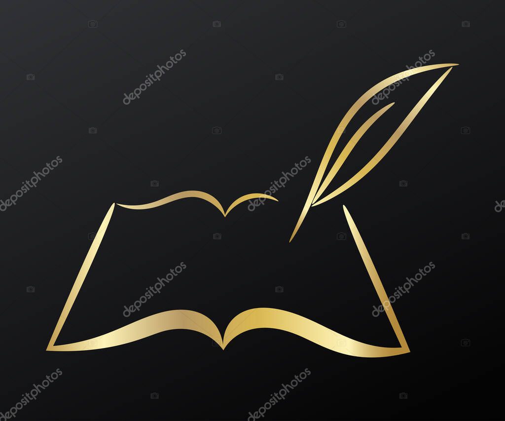 Contour symbol of writer book, golden on black background, vector