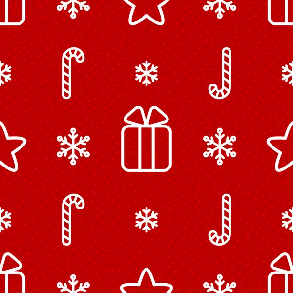 รูปแบบคริสต์มาสสีแดงไร้เย็บด้วยดาว, ของขวัญและเกล็ดหิมะ, เวกเตอร์ — ภาพเวกเตอร์สต็อก