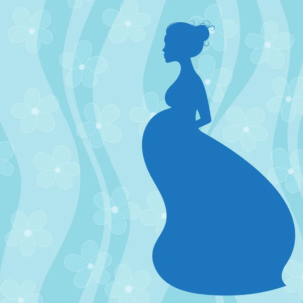 Femme enceinte en robe longue sur fond floral bleu — Image vectorielle