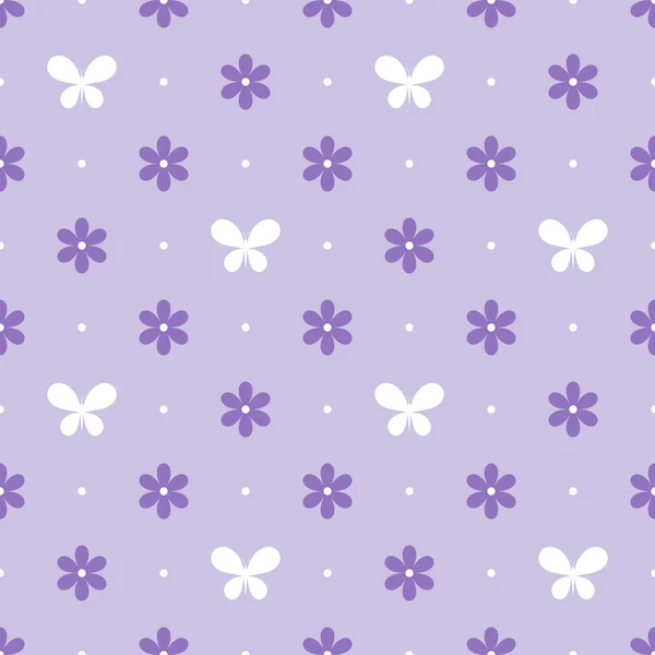 Naadloze violet patroon met bloemen en vlinders, vector — Stockvector