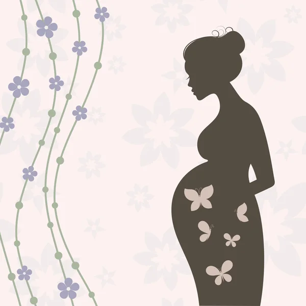 Pregnant woman silhouette with flowers and butterflies in brown hues — Stock Vector