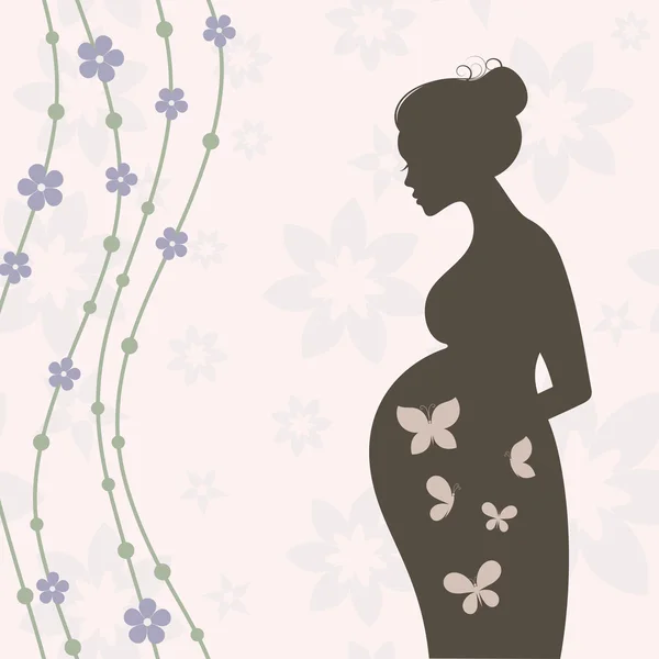 Silhouette de femme enceinte avec des fleurs et des papillons dans des tons marron — Image vectorielle