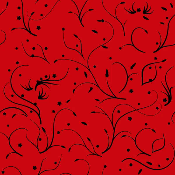 Seamless pattern with thin stems and flowers, black on red — Stock Vector