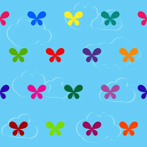 Бесшовный красочный узор с бабочками на фоне облаков — стоковый вектор