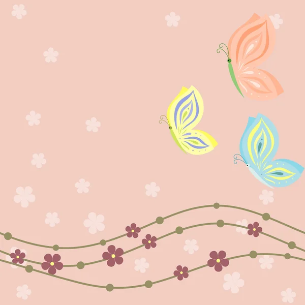 Lente bloemen kaart met vlinders in pasteltinten — Stockvector