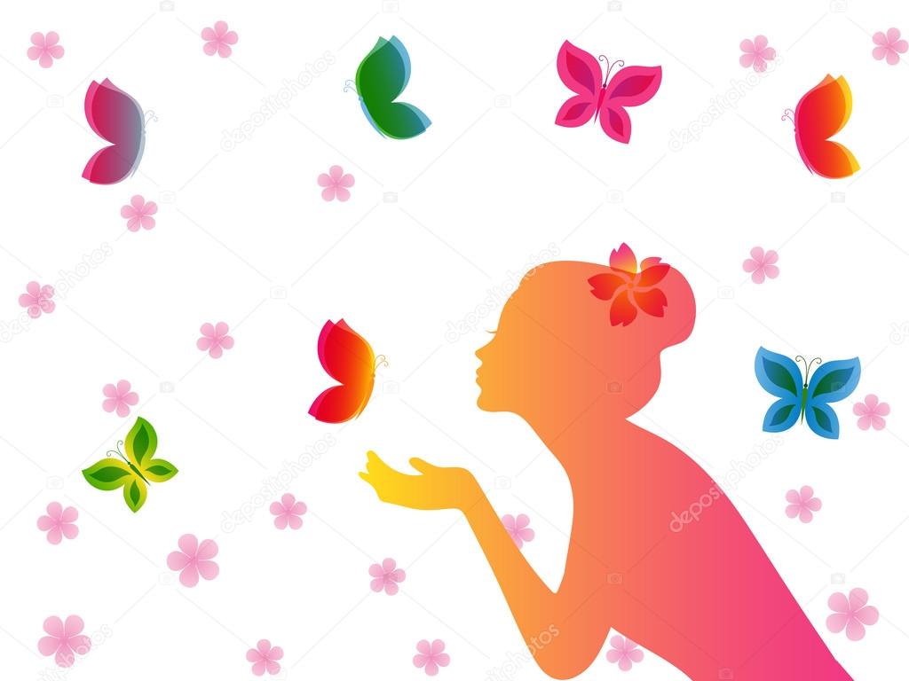 Girl half face silhouette and butterflies