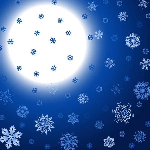 Inverno azul quadrado fundo com lua e flocos de neve — Vetor de Stock