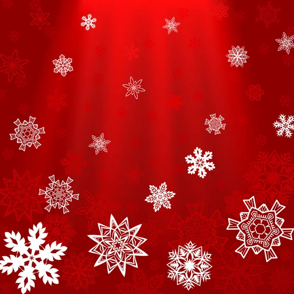 Fondo cuadrado rojo de Navidad con rayos y copos de nieve — Vector de stock