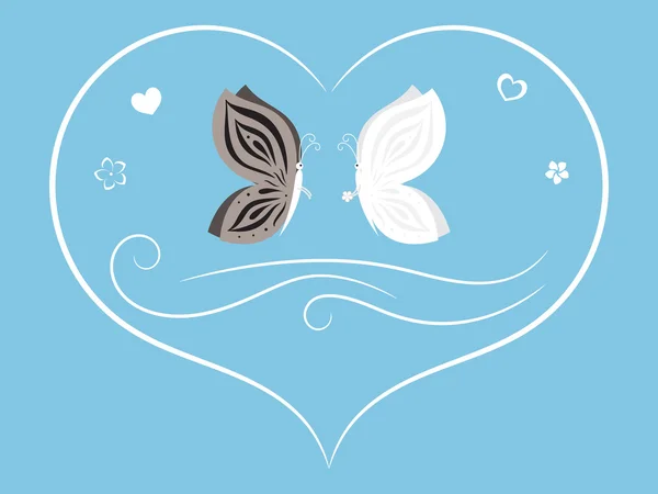 Tarjeta de viñeta con mariposas en el corazón — Vector de stock