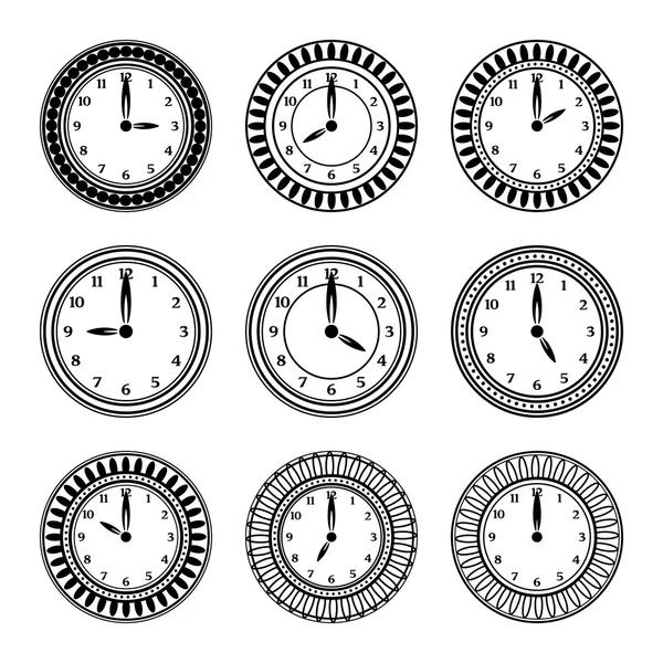 Conjunto de relojes negros sobre fondo blanco — Vector de stock