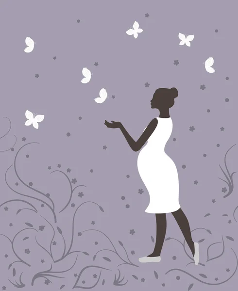 Schwangere Frau in weißen und weißen Schmetterlingen auf violettem Hintergrund — Stockvektor