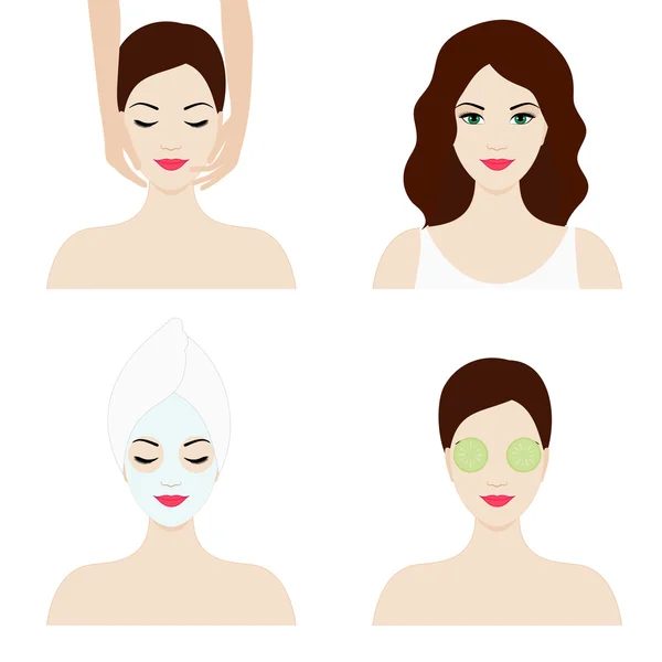 Girl faces, isolated flat design set for spa and beauty salon — Stock Vector