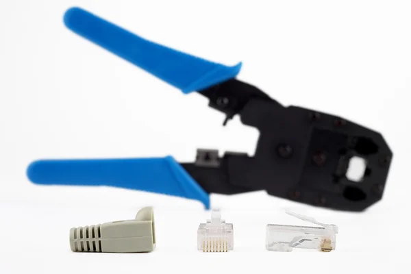 RJ45 Lan connector and Crimping tool. — Stock Photo, Image