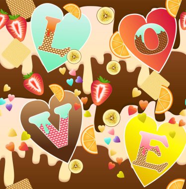 Kalpli desen, dondurmalı kurabiye, farklı lezzetlerle dolu meyveler ve çikolata arkaplanda aşk.