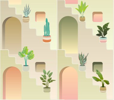 Merdiven, bitki ve pencereli dekorasyon deseni, çağdaş, Akdeniz ve minimalist dekorasyon biçimi