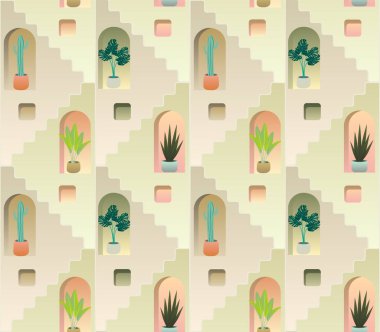 Merdivenleri ve pencereleri olan Akdeniz cepheleri deseni. Çağdaş ve minimalist tarzda. Merdiven, bitki ve pencereli dekorasyon deseni, 