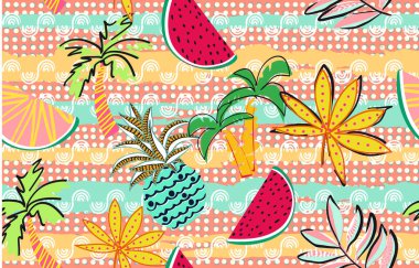 Çok renkli el çizimi elementleri ve komik arkaplanı olan tropikal desen tasarımı