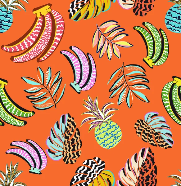 Patrón Repetición Sin Costuras Diseño Hojas Frutas Tropicales Muy Divertido — Archivo Imágenes Vectoriales