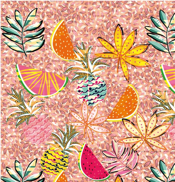Рисунок Фруктами Листьями Веселом Красочном Фоне — стоковый вектор