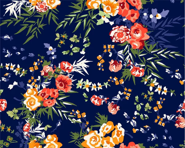 Blumenmuster Illustration Mit Farbenfrohen Einfachen Blumen Und Kleinen Blättern — Stockvektor