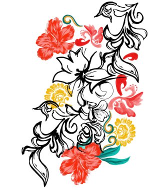 Amberçiçeği ve el çizimi çiçekli tropikal çizim