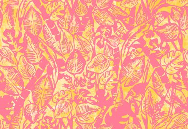 Yapraklarla çizilmiş tropikal desen ve suluboya ile soyut arkaplan