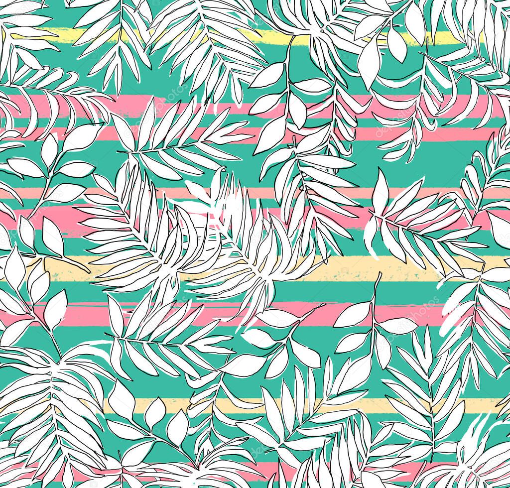 floral pattern made with tropical leaves hand drawn striped background