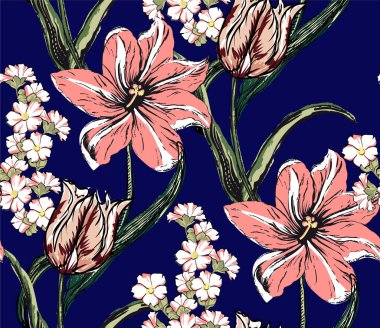 Çiçek desenli dizayn, lacivert arka plan ve çiçekli elementler.