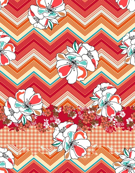 Design Padrão Com Flores Listras Zig Zag Padrão Gingham Design —  Vetores de Stock