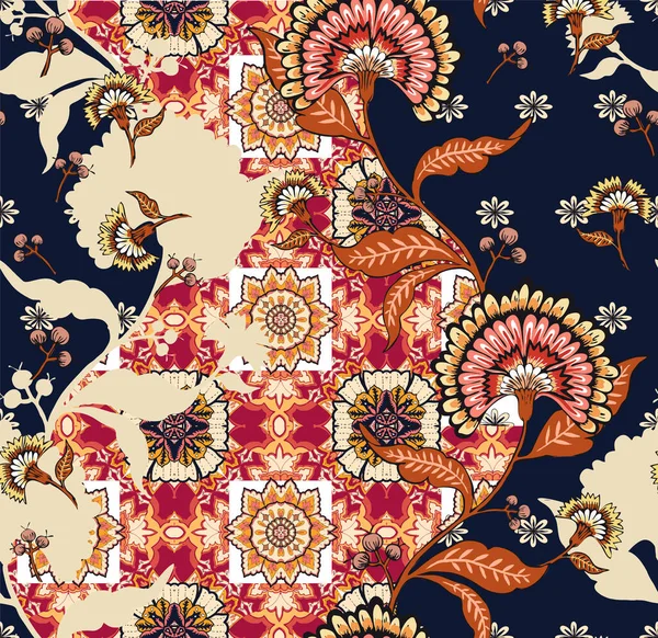 Patchwork Floral Μοτίβο Ινδικά Μοτίβα Λουλουδιών Σχέδιο Damask Στυλ Για — Διανυσματικό Αρχείο