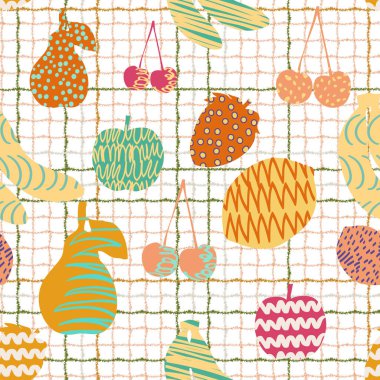 Damalı arka plan ve darbelerde basit şekilli desenli meyveler ve modern desenler. Tekstil ve dekorasyon için desen