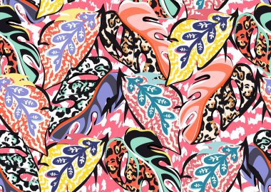 Çok renkli el çizimi elementleri ve komik arkaplanı olan tropikal bir sanat eserinin deseni