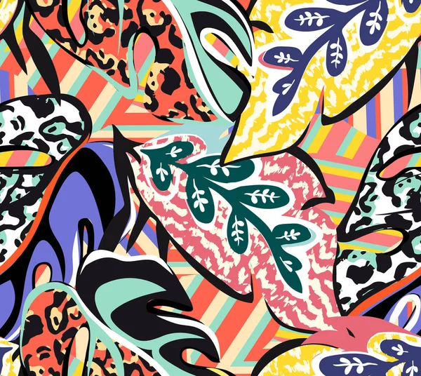 Çok Renkli Çizimi Elementleri Komik Arkaplanı Olan Tropikal Bir Sanat — Stok Vektör